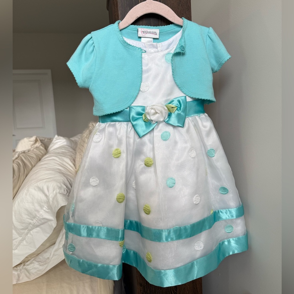 Youngland Aqua and White embroidered Polka Dot Dress with sweater size 3T